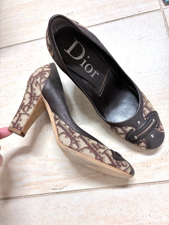 Dior Shoes - Dior Brown Canvas Logo Block-Heel Pumps, Size 36